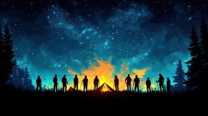 Fototapeta premium Silhouettes of Campers Gazing at a Starry Night Sky with a Campfire
