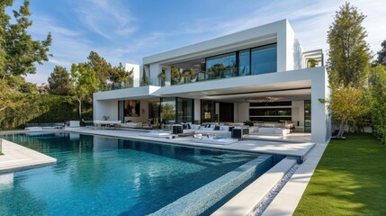Fototapeta premium Stunning Modern White House With Luxurious Pool and Elegant Exterior Design in a Serene Outdoor Setting. Generative AI