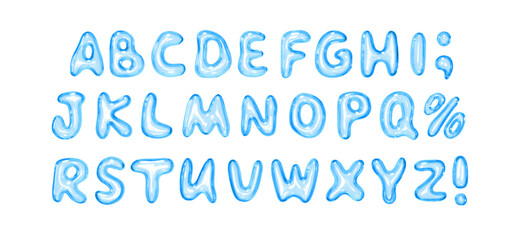 Letters made of glass material. Set of fonts with realistic 3d glass liquid effect, consisting of uppercase letters, special symbols. Complete alphabet Ideal for modern design. Vector illustration