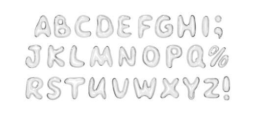 Letters made of glass material. Set of fonts with realistic 3d glass liquid effect, consisting of uppercase letters, special symbols. Complete alphabet Ideal for modern design. Vector illustration