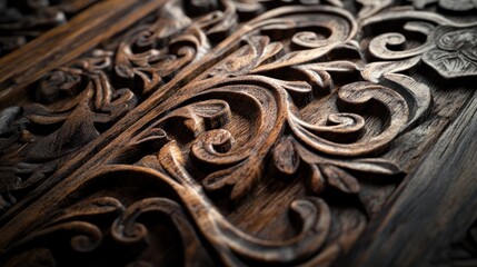 Close-up of intricate floral carving on a dark wood surface.