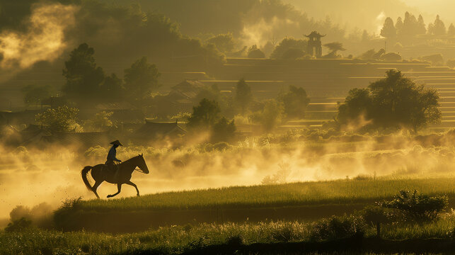 In the misty morning of a Chinese terraced field, a lone swordsman in a bamboo hat moves through grasslands toward a distant village, bathed in golden sunlight.