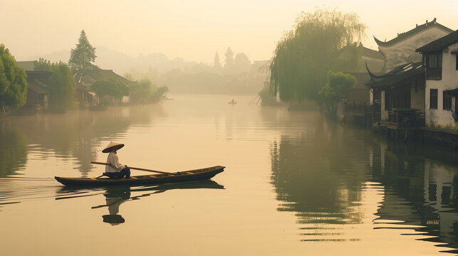 In the misty morning of a southern Chinese water town, a lone swordsman in a bamboo hat glides along waterways toward a distant village, bathed in golden sunlight.
