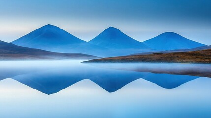   A hazy day with a body of water encircled by majestic peaks and scattered clouds overhead