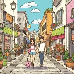 Obraz premium Young couple strolling with a pink dog through a charming, colorful street on a sunny day.