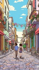 Obraz premium Couple strolls hand in hand through a charming, colorful street lined with flowers and quaint buildings.