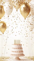 Elegant Birthday Cake Surrounded by Gold and White Balloons with Confetti