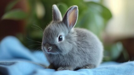   A small gray rabbit rests atop a blue blanket beside a potted plant perched on a table