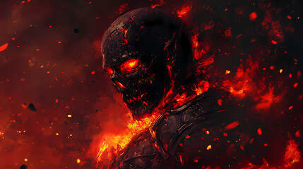 Infernal soldier blazing in fire with red eyes fantasy character concept art generative ai. Lich King. Illustration
