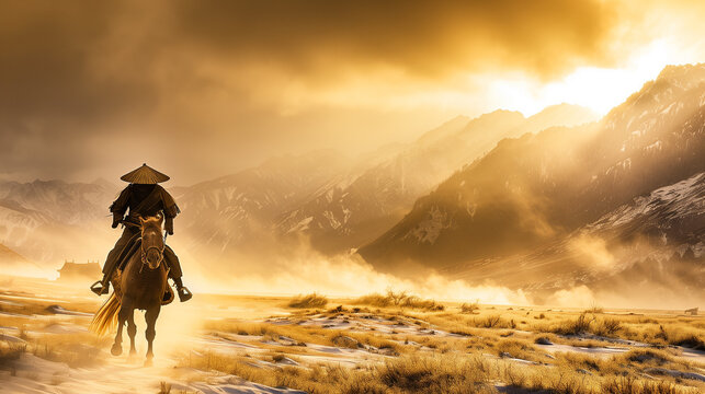 In the misty morning of Tibet's high mountains, a lone swordsman rider in a bamboo hat moves along the hills toward a distant village, bathed in golden sunlight.