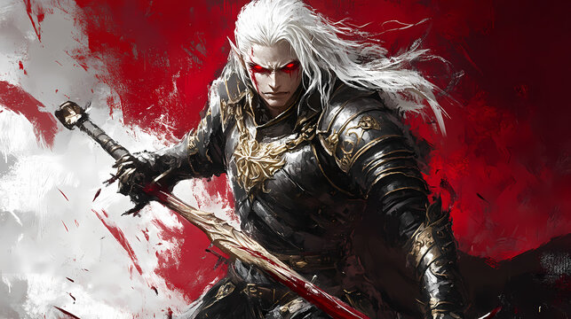 Intimidating white-haired vampire lord in gothic plate armor wielding fearsome glaive weapon with inhuman crimson eyes. Vampire Lord. Illustration