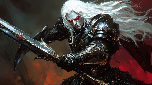Intimidating white-haired vampire lord in gothic plate armor wielding fearsome glaive weapon with inhuman crimson eyes. Vampire Lord. Illustration