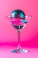 Cocktail party with disco ball on bright pink background. Disco party, retro fashion. Modern stylish vertical template for holiday card, banner, flyer, menu with space for text