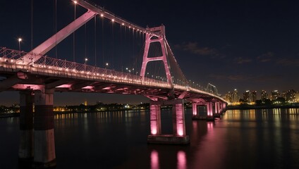 Fototapeta premium Evening view of the Puente de la Mujer bridge in Buenos Aires, lit with pink lights.