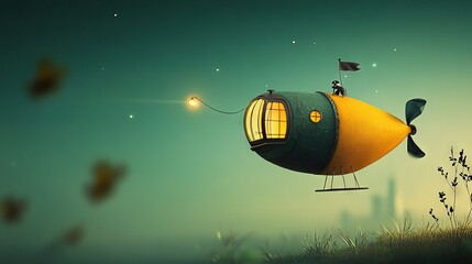 Obraz premium An image depicts a yellow and black fish suspended mid-air, illuminated by a light attached to its head A person stands atop the creature