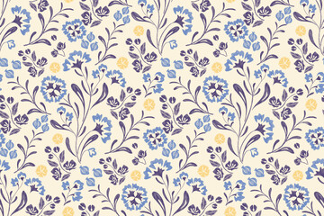 Obraz premium Minimal Floral pattern seamless paisley embroidery texture blue carnation flower motifs. Vintage ikat style vector illustration design hand drawn wallpaper ditsy background border .