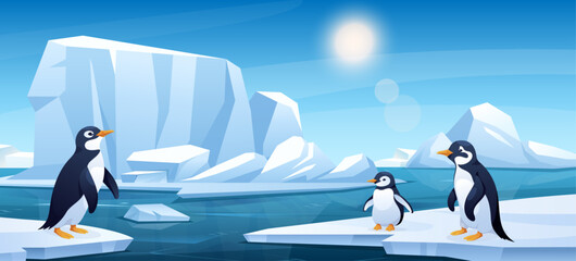 Arctic landscape with penguins floating on iceberg. Vector horizontal illustration of snowy Northern polar nature with ocean, glaciers, penguin. Ice floating on cold deep water. Global warming concept © MaryDesy