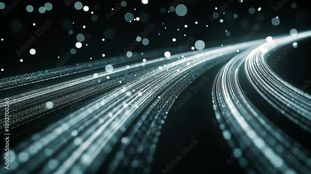 Poster a digital representation of a highway, composed of lines of light on a dark background