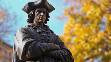Fototapeta premium Bronze Statue of Historical Figure Surrounded by Autumn Foliage