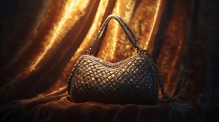A vintage-styled beaded handbag set against a soft velvet backdrop lit with subtle warm lighting