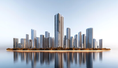 Naklejka premium Modern city business centre at sunset, office and residential area by the water 