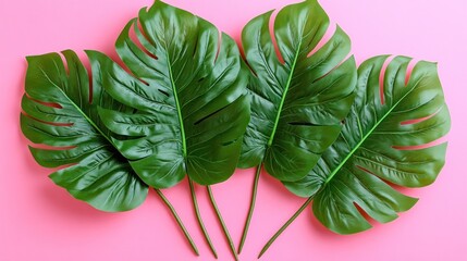 Fototapeta premium Four large green tropical leaves arranged on a pink background.