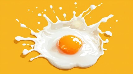   An egg in a milk splash on a yellow background with a white spot in its center