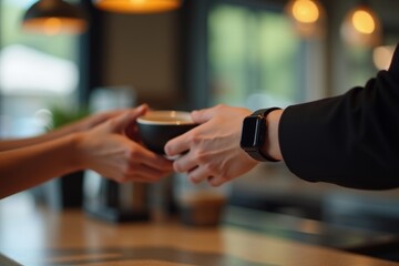 Close-up of hands exchanging a coffee cup in a modern cafe. Concept of social interaction, warmth, and service