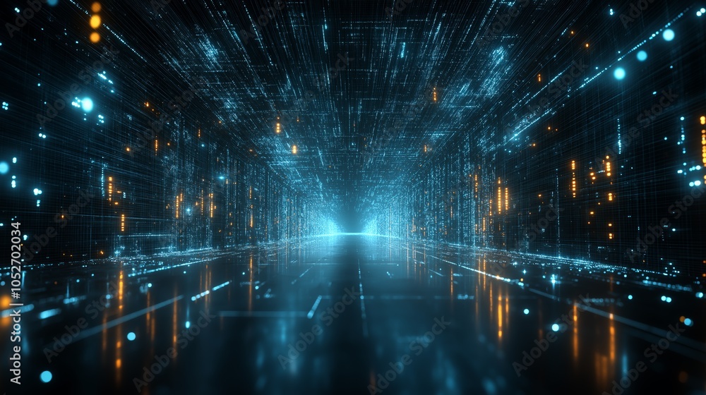 Poster futuristic digital tunnel with glowing blue and orange lights, symbolizing data flow and connectivit