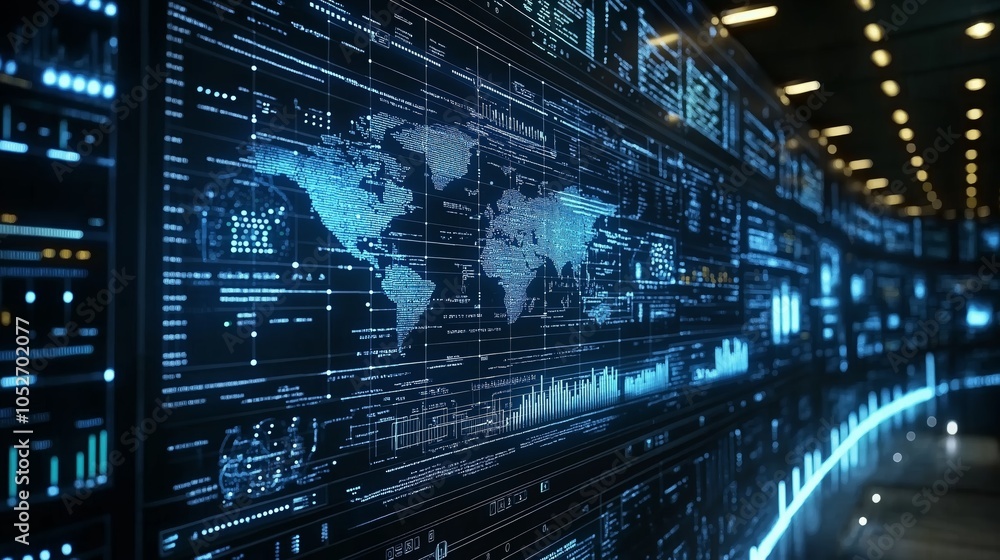 Poster Digital world map displayed on a screen, representing global connectivity, technology, and the visualization of data networks in a modern world, Generaitve AI