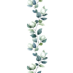 Watercolor Floral Branch Border with White Flowers and Green Leaves