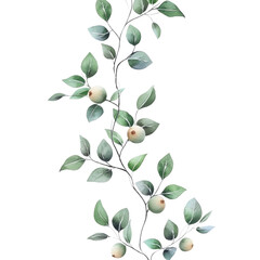 Watercolor Illustration of a Branch with Green Leaves and White Berries