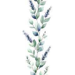 Watercolor Eucalyptus and Lavender Sprig Border