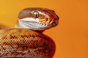 Obraz premium Ball Python coiled in lifelike portrait against vibrant blue backdrop, highlighting textures and lighting with generous space for text placement.
