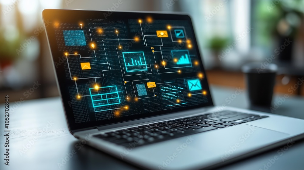 Poster Laptop with digital data and network connections displayed, representing modern technology, information flow, and virtual business analytics, Generaitve AI