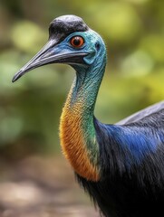 Cassowary walking captured in realistic portrait photography with vibrant colors and ample negative space, highlighting features and dramatic lighting for logo integration.