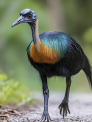 Fototapeta premium Cassowary walking captured in realistic portrait photography with vivid colors and negative space, emphasizing details and dynamic lighting for text placement.
