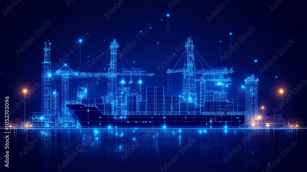 Poster virtual wireframe model of a port, showcasing futuristic technology, digital infrastructure, and the