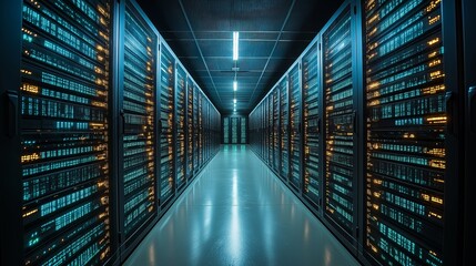 Obraz premium Long hallway in a data center with illuminated servers, representing data storage, cybersecurity, and the backbone of modern digital infrastructure, Generaitve AI