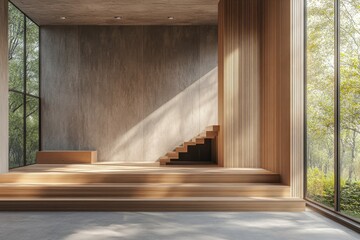 A room with a staircase and a bench. The room is empty