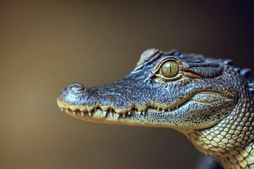 Obraz premium Crocodile hidden in shadows, lifelike portrait style, high-contrast hues, detailed skin texture, ample negative space for text, vibrant background scene.