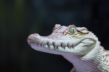 Obraz premium Crocodile lurking in shadows, realistic portrait style, high-contrast colors, textured skin, negative space for text, vibrant backdrop.