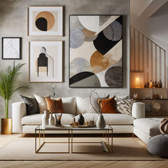 A modern living room features a gray sofa, a round coffee table, and three abstract paintings on the wall