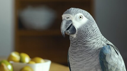 Realistic portrait of African Grey Parrot under dramatic lighting. Bold colors enhance contrast, providing room for text while ensuring harmony.