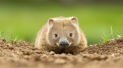 Fototapeta premium Wombat digging showcased in vivid portrait photography, striking colors enhancing contrast, ample text space, minimalist design with intriguing depth.