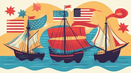 Vintage Maritime Scene with American Flags and Sailing Ships