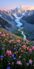 A breathtaking landscape showcasing a vibrant field of wildflowers in various hues at sunrise, with towering snow-capped mountains and a glacial river in the background.