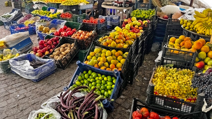 Various fruits and vegetables sold at a peasant market on the road in Turkey.