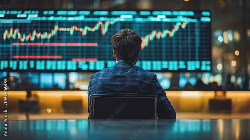 Poster man sitting in front of large screen displaying stock market data