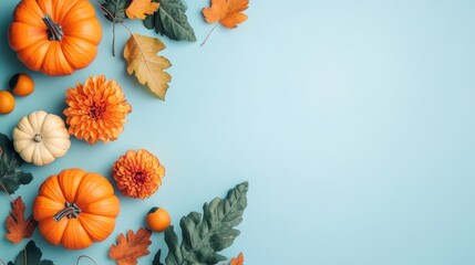 Autumn Harvest Arrangement with Pumpkins and Leaves on Blue Backdrop